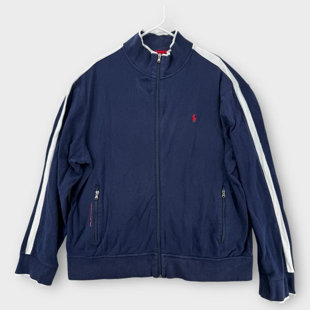 Polo Ralph Lauren Track Jacket‎ Mens XXL Navy Blue Red Logo Stripe Zip Up Cotton